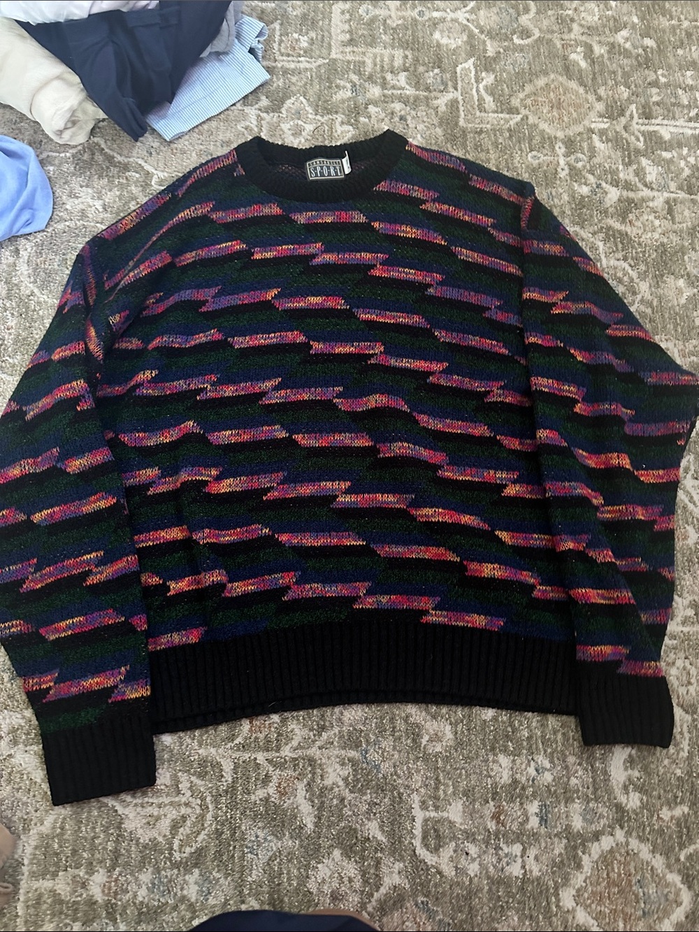 Vintage Multicolor Patterned Crewneck Sweater - Black